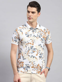 Monte Carlo - Men's White Floral Print Polo Neck Half Sleeves Regular Fit T-Shirt