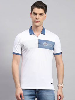 Monte Carlo - Men's White Printed Polo Neck Half Sleeves Regular Fit T-Shirt