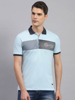 Monte Carlo - Men's Sky Blue Printed Polo Neck Half Sleeves Regular Fit T-Shirt