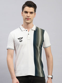 Monte Carlo - Men's Off White Striped Polo Neck Half Sleeves Regular Fit T-Shirt