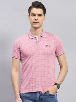 Monte Carlo - Men's Pink Checks Polo Neck Half Sleeves Regular Fit T-Shirt