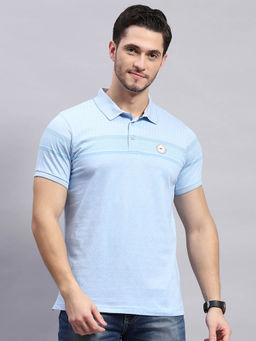 Monte Carlo - Men's Sky Blue Striped Polo Collar Half Sleeves T-Shirt