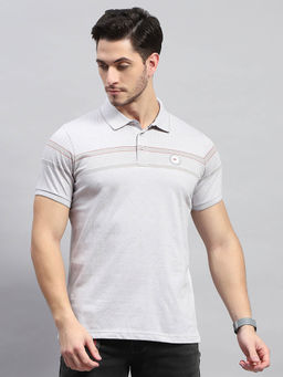 Monte Carlo - Men's Grey Striped Polo Collar Half Sleeves T-Shirt