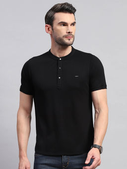 Monte Carlo - Men's Black Solid Mandarin Collar Half Sleeves Regular Fit T-Shirt