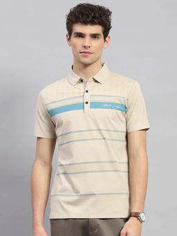 Monte Carlo - Men's Beige Striped Polo Neck Half Sleeves T-shirt