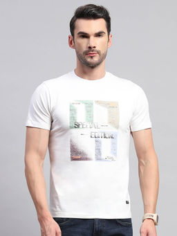 Monte Carlo - Men's White Printed Round Collar Half Sleeves Regular Fit T-Shirt