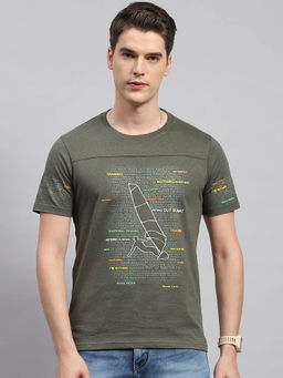 Monte Carlo - Men's Olive Printed Round Neck Half Sleeves Regular Fit T-Shirt