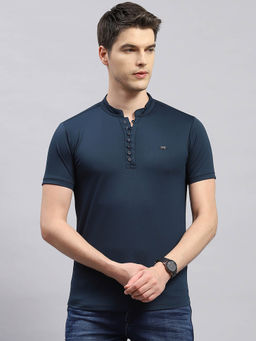 Monte Carlo - Men's Green Solid Mandarin Collar Half Sleeves Regular Fit T-Shirt