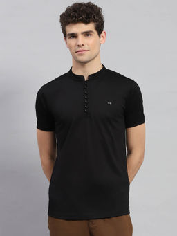 Monte Carlo - Men's Black Solid Mandarin Neck Half Sleeves T-shirt