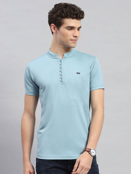 Monte Carlo - Men's Sky blue Solid Mandarin Neck Half Sleeves T-shirt