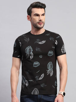 Monte Carlo - Men's Black Floral Printed Round Collar Half Sleeves Regular Fit T-Shirt
