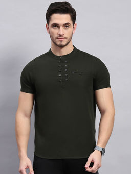 Monte Carlo - Men's Olive Solid Mandarin Collar Half Sleeves T-Shirt