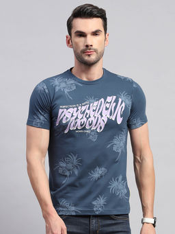 Monte Carlo - Men's Blue Floral Printed Round Collar Half Sleeves Regular Fit T-Shirt
