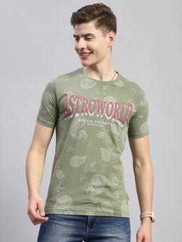 Monte Carlo - Men's Floral Printed Olive Round Neck Half Sleeves Regular Fit T-Shirt