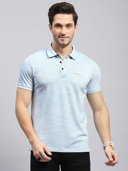 Monte Carlo - Men's Striped Sky Blue Polo Neck Half Sleeves Regular Fit T-Shirt