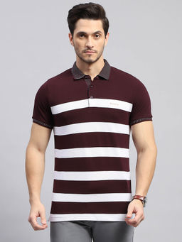 Monte Carlo - Men's Striped Wine Polo Neck Half Sleeves Regular Fit T-Shirt