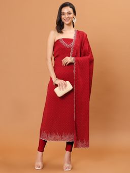 MEENA BAZAAR - Women's Red Chinon Unstitched Dress Material