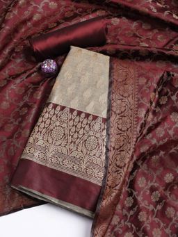 MEENA BAZAAR - Women's Maroon Chanderi Unstitched Dress Material