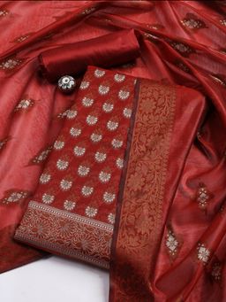 MEENA BAZAAR - Women's Red Chanderi Unstitched Dress Material