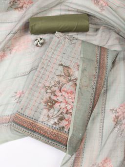 MEENA BAZAAR - Women's Floral Green Linen Unstitched Dress Material