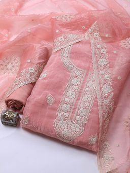 MEENA BAZAAR - Women's Embroidered Peach Organza Unstitched Dress Material