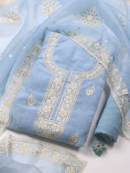 MEENA BAZAAR - Women's Embroidered Blue Organza Unstitched Dress Material