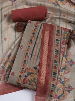 MEENA BAZAAR - Women's Printed Red Chanderi Unstitched Dress Material