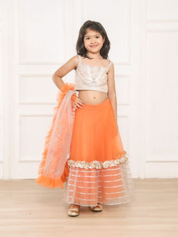Pink Cow - Kiddie Brocade Orange Ghaghra Choli (Set of 3)