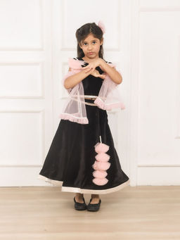 Pink Cow - Black Velvet Top and Lehenga with Frilly Pink Dupatta (Set of 3)
