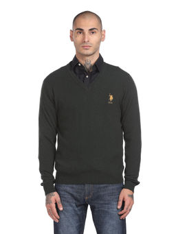 U.S. POLO ASSN. - Men Dark Olive V-neck Solid Sweater