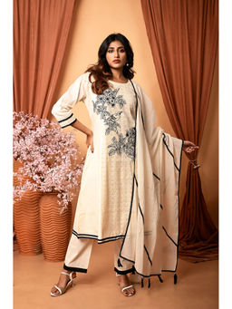 OSKOS - Cotton Anarkali Kurta with Hand Embroidery, Crosia Lace and Schiffli Work