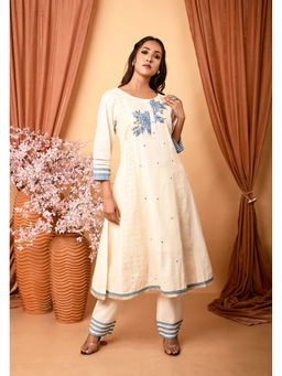 OSKOS - Ivory Cotton Hand Embroidered Anarkali Kurta
