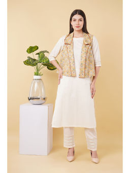 OSKOS - Ivory Long Kurta with Embroidered Printed Jacket (Set of 2)