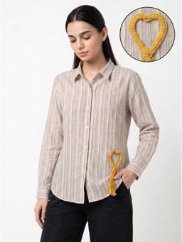 ZNKL - Women Cotton Stripes Patch Collar Neck Regular Fit Shirt