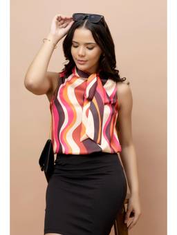 PURYS - Sleeveless Tie Neck Satin Top