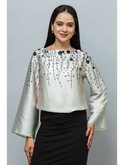 PURYS - Boat Neck Bell Sleeves Satin Top