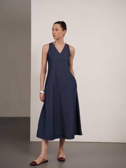 FABLE STREET - Denim V-Neck Dress - Navy Blue