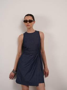 FABLE STREET - Denim Shift Dress with Belt- Navy Blue