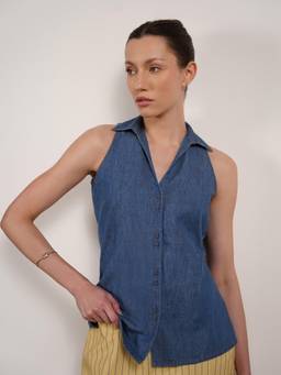 FABLE STREET - Denim V-Neck Collar Shirt - Blue