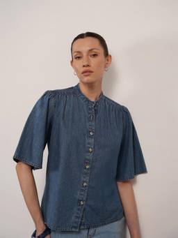 FABLE STREET - Denim Mandarin Collar Top - Blue