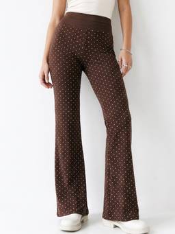 Outzidr - Brown Flat Waistband Polka Dotted Pant