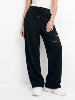 Outzidr - Black Side Pocket Studded Detailed Baggy Joggers
