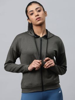 Alcis - Women Charcoal Grey Hooded Solid Training Jacket