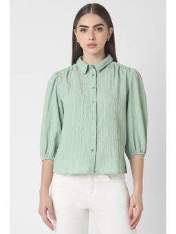 Van Heusen - Women Green Regular Fit Textured Casual Shirt