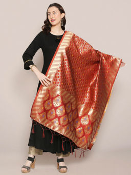 Dupatta Bazaar - Womens Red Banarasi Silk Dupatta with floral Motif design