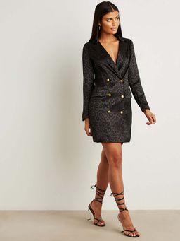 Styli - Black Jacquard Animal Print Velvet Blazer Mini Dress