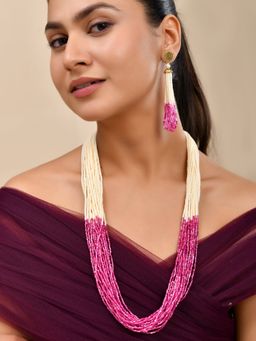 Silvermerc Designs - Women Pink-Off White Pearl Beads Necklace Set