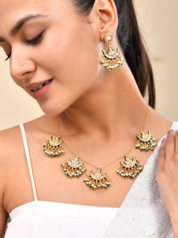 Silvermerc Designs - Women Traditional Gold Plated Kundan Green Pearl Necklace Set