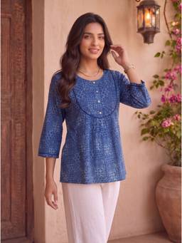 Rangita - Women Blue Rayon Printed Peplum Tunic