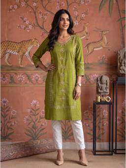 Rangita - Women Lime Green Poly Viscose Embroidered Straight Kurta